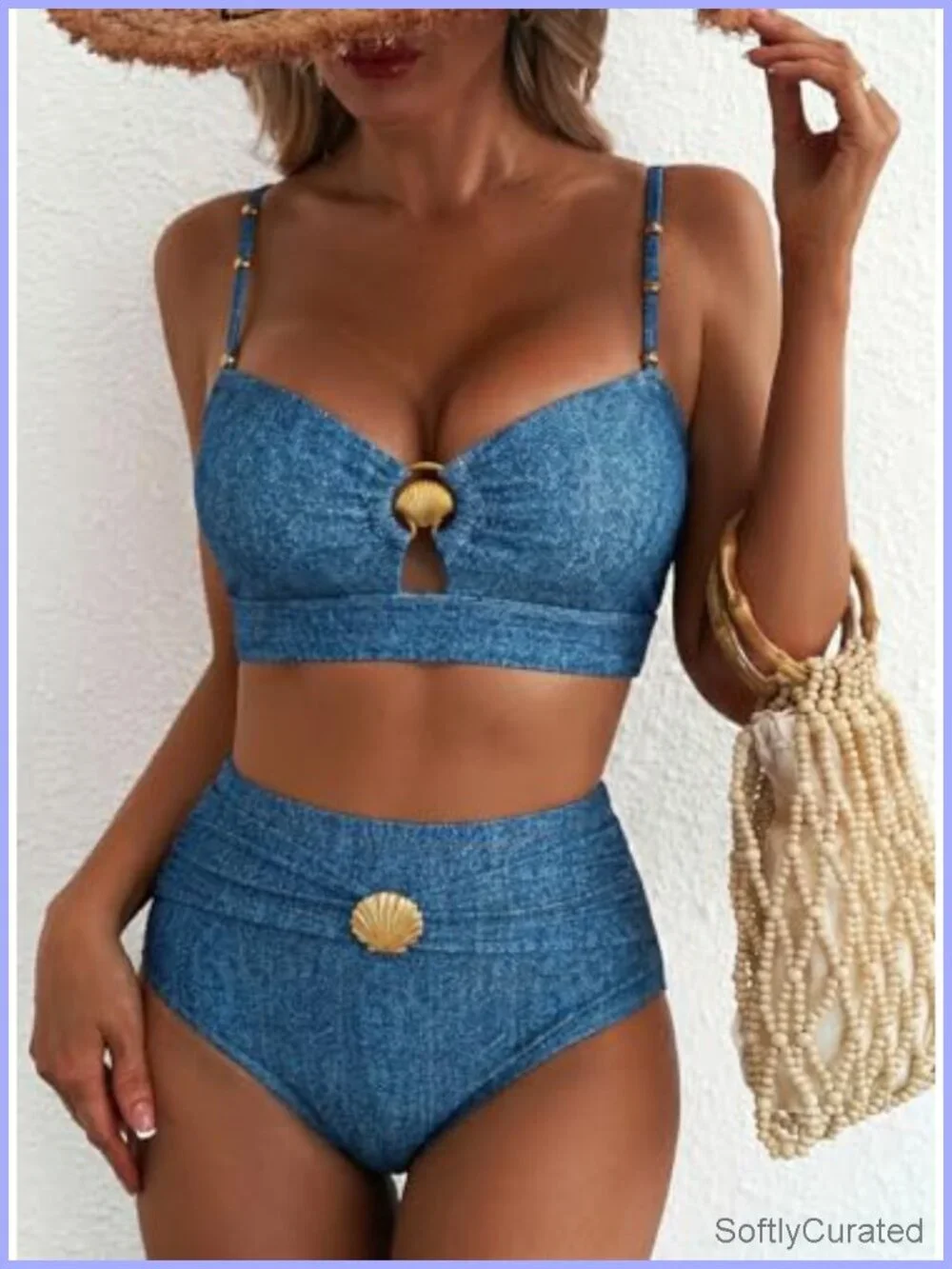 2 Piece Bikini Set High Waisted Cutout Push Up Ruched Seashell Ring Swimsuit
